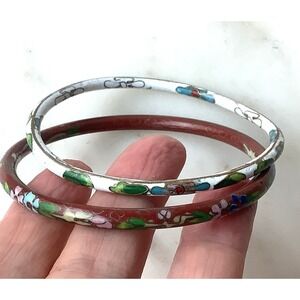 Vintage Cloisonné Bracelets White Red Floral Chinese Enamel Bangles Set